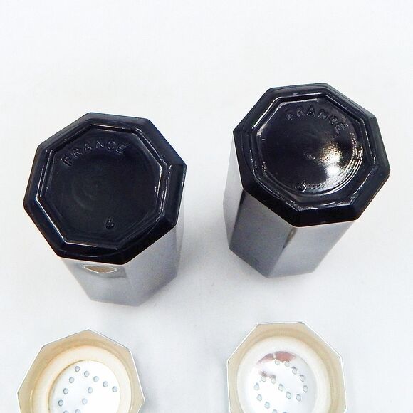 Arcoroc Octime Salt Pepper Shaker Set Black Glass France Geometric Octagon MCM - Picture 7 of 11
